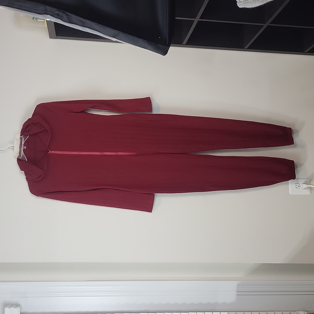 Burgandy Cable Knit Hooded One Piece Pajama Lounge Wear Unisuit
